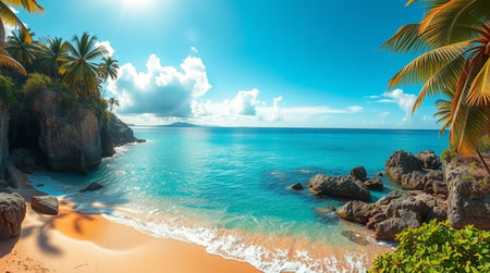 Panorama of a beautiful tropical beach with palm trees, rocks and turquoise seaの写真素材
