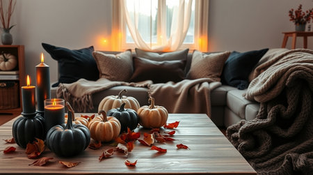 Autumn composition with pumpkins and candles on table in living roomの写真素材