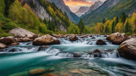 Beautiful mountain landscape with a river in the foreground. Long exposure.の写真素材