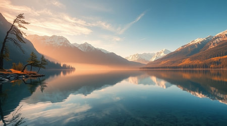 Mountain lake at sunrise with reflection in water. Beautiful landscape.
