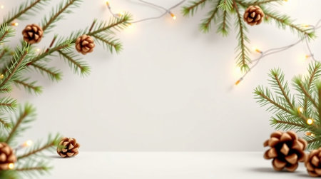 Christmas background with fir tree branches, pine cones and garland. 3d renderingの写真素材