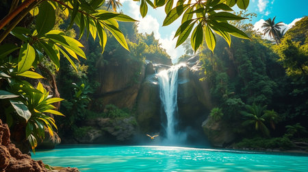 Tropical waterfall with palm trees and blue clear water in jungleの写真素材