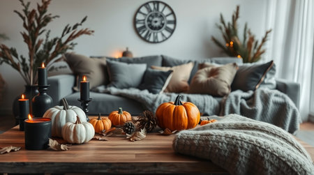 Cozy living room with pumpkins, candles and plaid on table