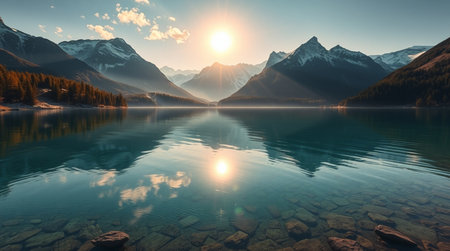 Mountain lake at sunset. Beautiful nature landscape. Panorama.の写真素材