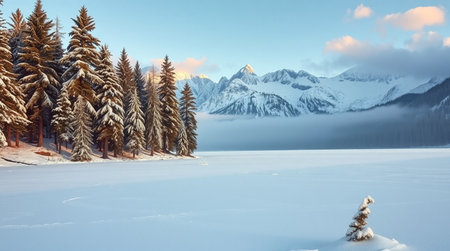 Beautiful winter landscape with frozen lake and snow-capped mountainsの写真素材