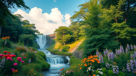 Waterfall and flowers in the park. Beautiful landscape with a waterfall and flowers.の写真素材