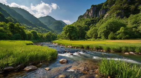 Panoramic view of mountain river in summer. Mountain river landscape.