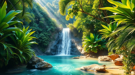 Beautiful waterfall in tropical rainforest. Panoramic view of waterfall in jungle.の写真素材