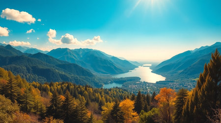 Panoramic view of the lake, mountains and forest in autumn.の写真素材