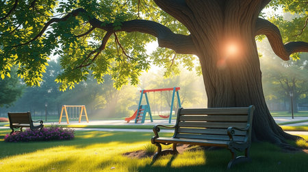 Wooden bench and swing in the park at sunset. 3d renderingの写真素材