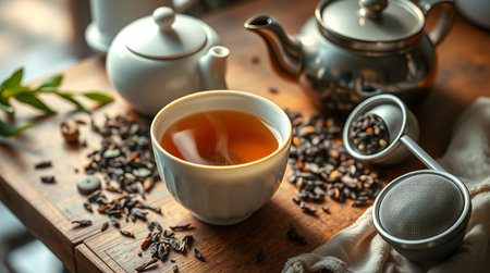 Cup of tea and teapot on wooden table, closeup