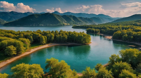 Aerial view of beautiful mountain lake with blue water and green forestの写真素材