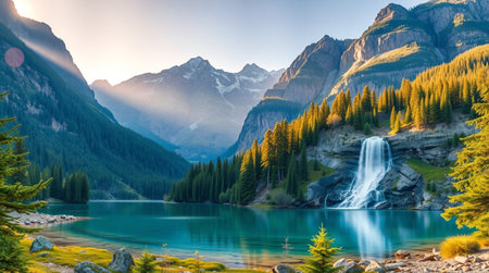 Fantastic panorama of the lake and waterfall in the mountainsの写真素材