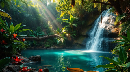 Beautiful waterfall in the tropical forest with sunlight and long exposure.