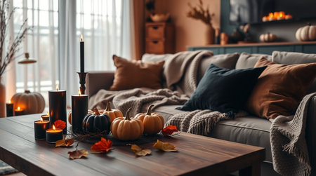 Cozy autumn living room decorated with pumpkins, candles and leavesの写真素材