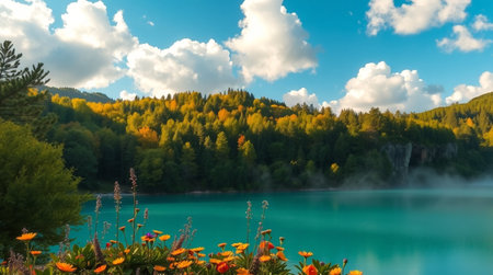 Colorful autumn landscape with lake and forest in the mountains. Beautiful nature backgroundの写真素材
