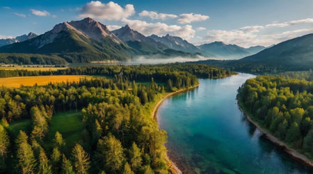 Aerial panoramic view of mountain lake and forest in autumn