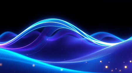 3d render, abstract blue background, glowing lines, flowing waves