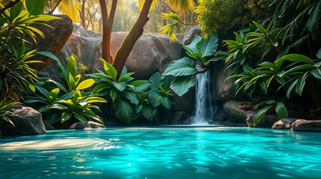 Waterfall in the tropical garden with palm trees and blue water backgroundの写真素材