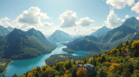 panoramic view of the lake and mountains in autumn, Austriaの写真素材