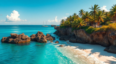 Panoramic view of beautiful tropical beach with palm trees and turquoise water.の写真素材