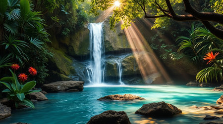 Waterfall in the jungle of tropical forest with sunlight and rock.の写真素材