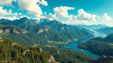 Panoramic view of the lake in the mountains. Summer landscapeの写真素材