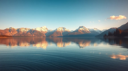Mountains reflected in the water of Lake Wanaka, New Zealandの写真素材