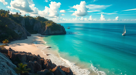 Panorama of beautiful tropical beach with white sand, turquoise ocean and blue sky with white cloudsの写真素材
