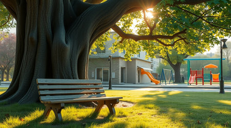 Empty park bench under a large tree in the early morning sunlight with a playground in the backgroundの写真素材