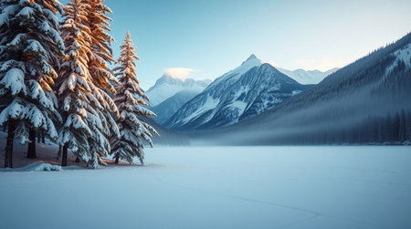 Beautiful winter landscape with frozen lake and snow-capped mountainsの写真素材