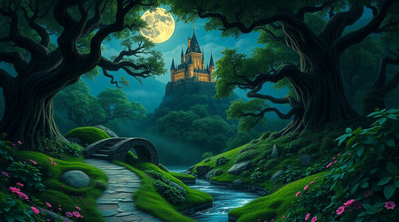 Fantasy landscape with castle in the forest and river at night.の写真素材