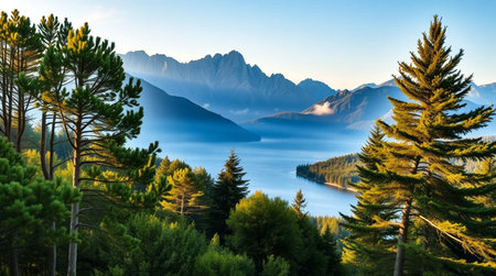 Mountain landscape with lake and pine forest at sunrise, Switzerland.の写真素材