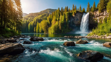 Panoramic view of the famous Hintersee waterfall in Bavaria, Germanyの写真素材
