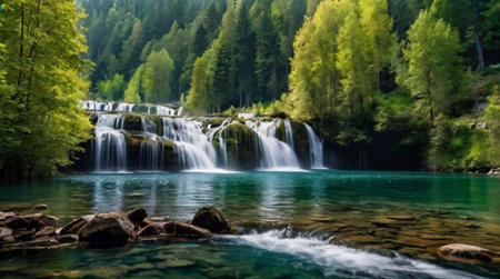 Waterfall in the forest. Beautiful waterfall in the mountains. Mountain landscape.