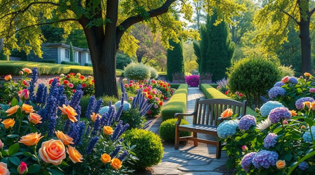 Beautiful spring garden with colorful flowers. Spring flowers in the garden.の写真素材