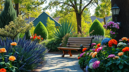 Beautiful spring garden with blooming flowers and a wooden bench.の写真素材