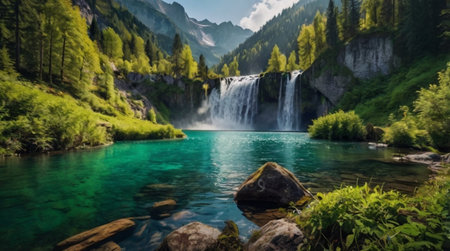 Waterfall in the mountains. Beautiful summer landscape with waterfalls.の写真素材