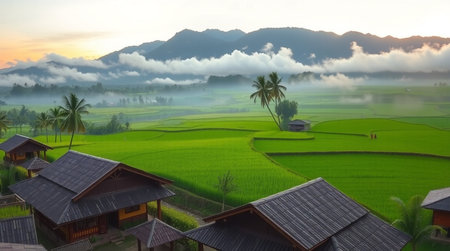 Rice terraces in Bali, Indonesia with morning fog.