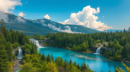 Panoramic view of waterfall in Jiuzhaigou, Chinaの写真素材