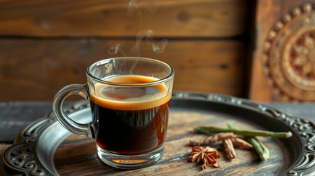 Coffee in a glass cup on a wooden background. Selective focus.の写真素材