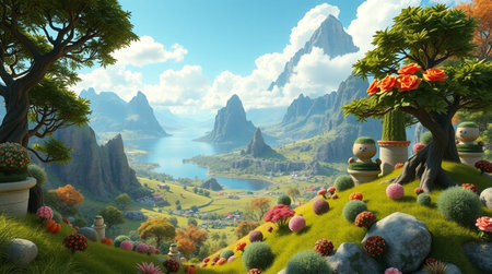 Fantasy landscape with lake and mountains. 3d render illustration.の写真素材