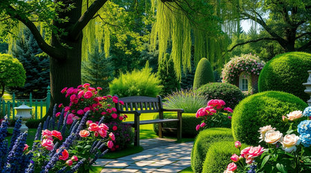 Luxury garden with bench and blooming flowers in summer.の写真素材
