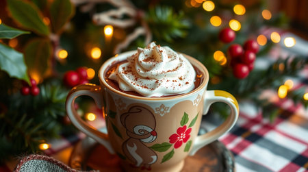 Cup of hot chocolate with whipped cream and christmas decoration on backgroundの写真素材