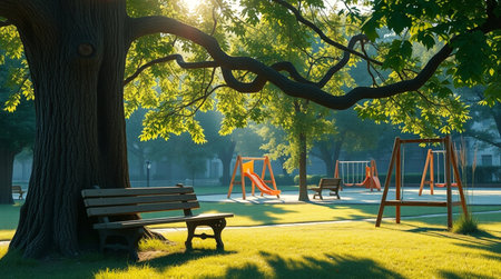 Empty park bench and swing in the morning light. 3d renderingの写真素材