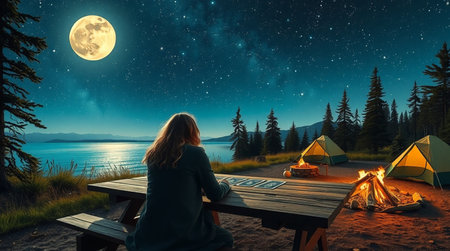 Woman sitting at table near bonfire and camping tent on lake shore at nightの写真素材
