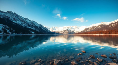 Reflection of snow-capped mountains in Lake Louise, Banff National Park, Canadaの写真素材