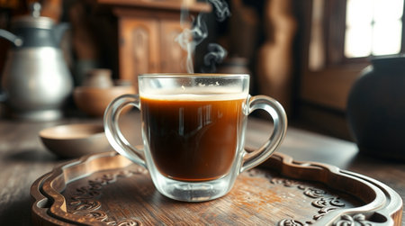 Cup of coffee on wooden table, closeup. Hot drinkの写真素材
