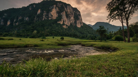 Mountain landscape with river and cloudy sky at sunset, Thailand.の写真素材