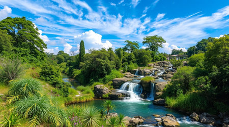 Panoramic view of a small waterfall in a lush green forestの写真素材